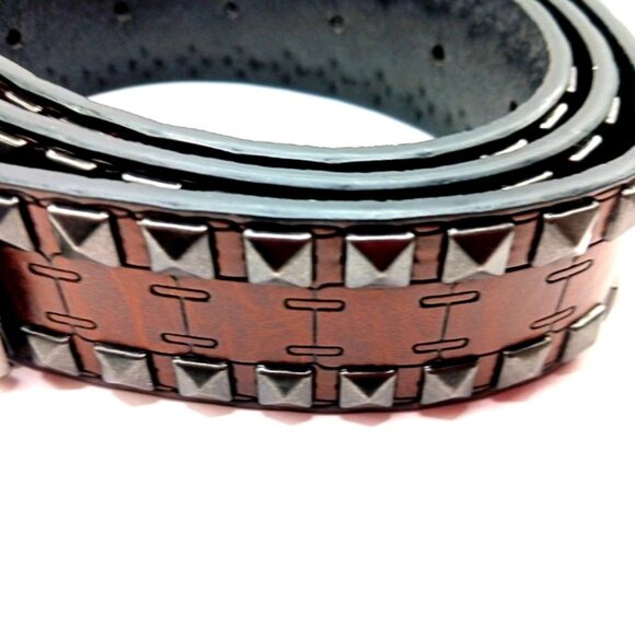 Double Row Studded Leather Belt Brown New - Picture 3 of 10
